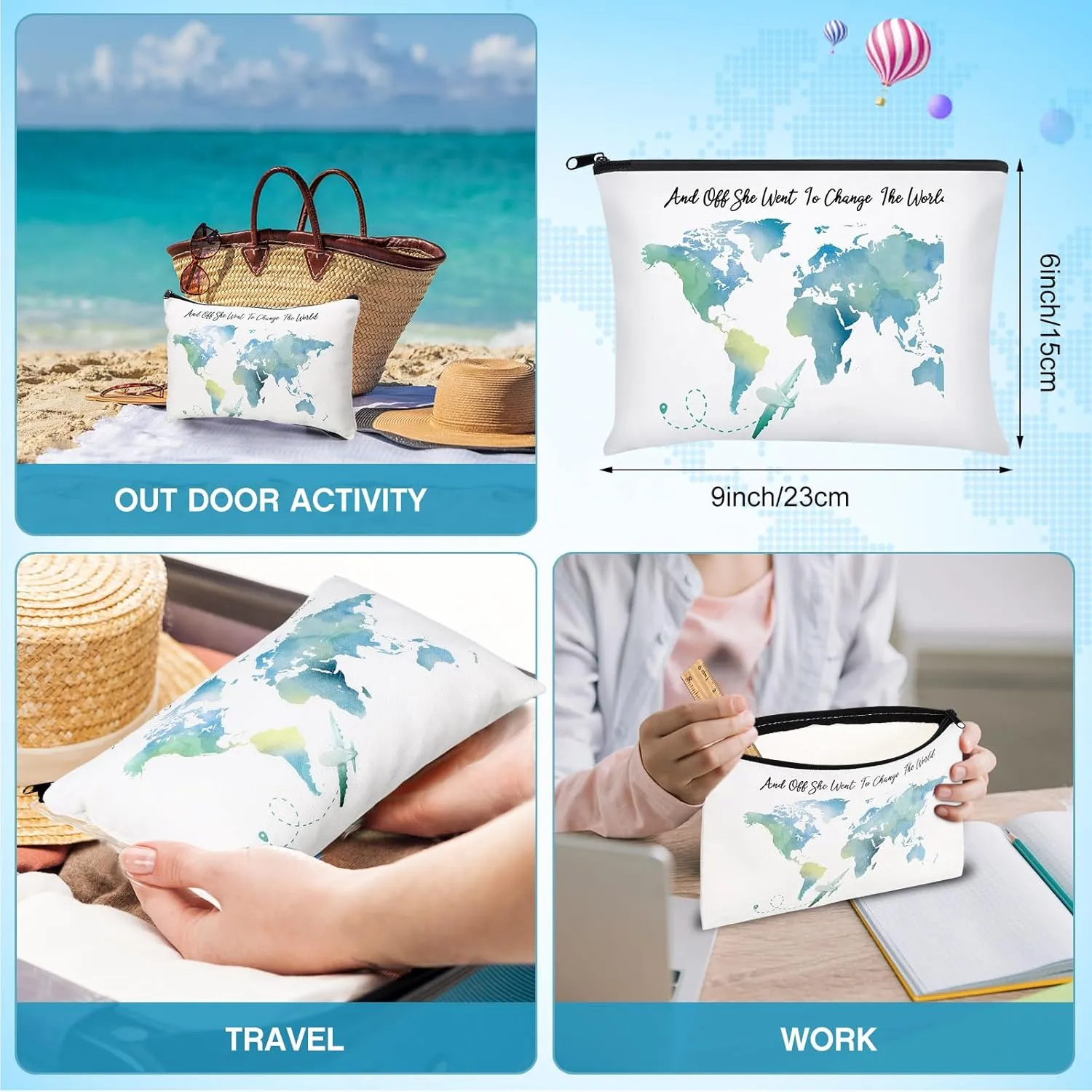 Chunful 10 Pieces Inspirational Canvas Makeup Bags for Women Graduation Gift Rainbow Canvas Cosmetic Bags Bulk with Zipper Friendship Gift Travel Toiletry Pouch(World)