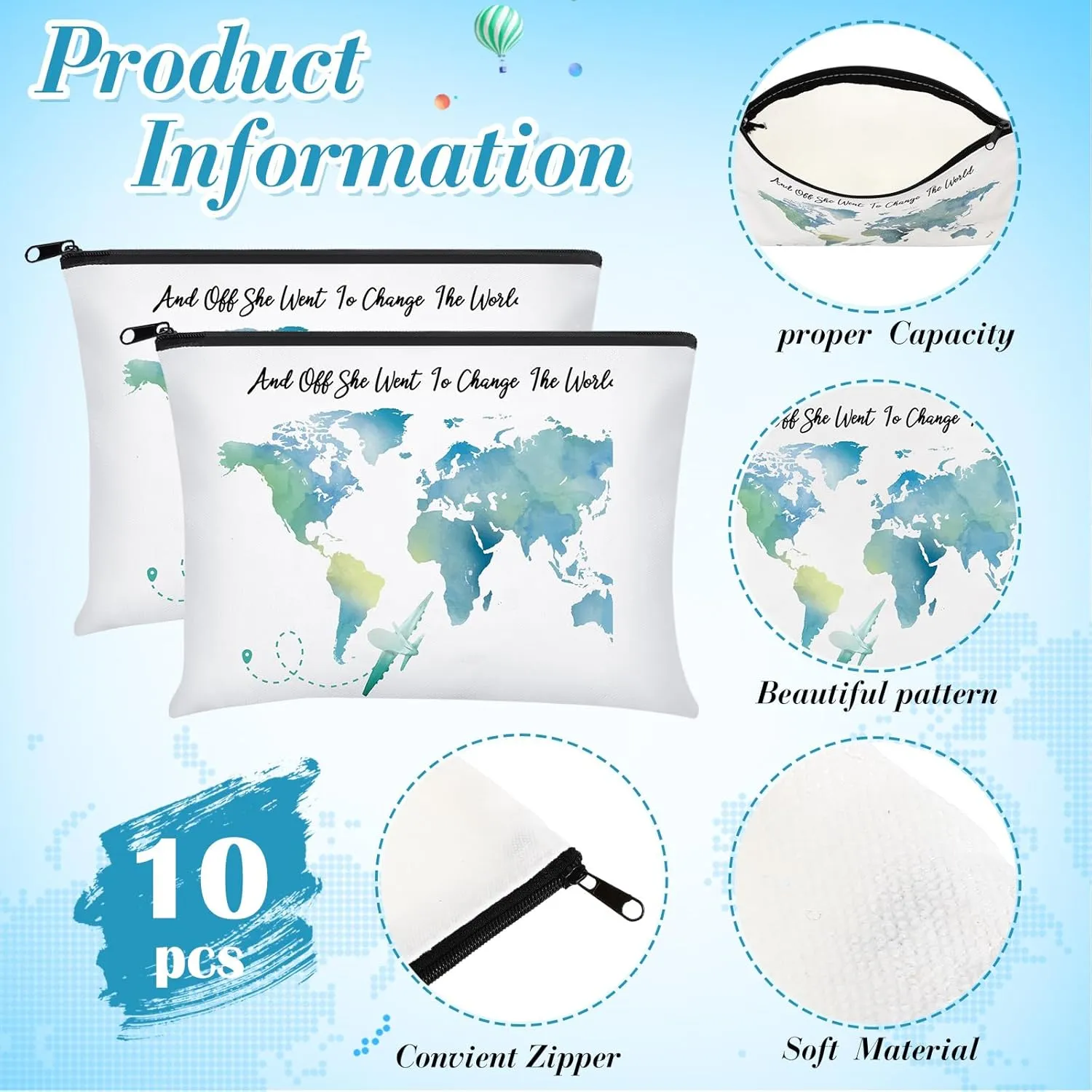 Chunful 10 Pieces Inspirational Canvas Makeup Bags for Women Graduation Gift Rainbow Canvas Cosmetic Bags Bulk with Zipper Friendship Gift Travel Toiletry Pouch(World)