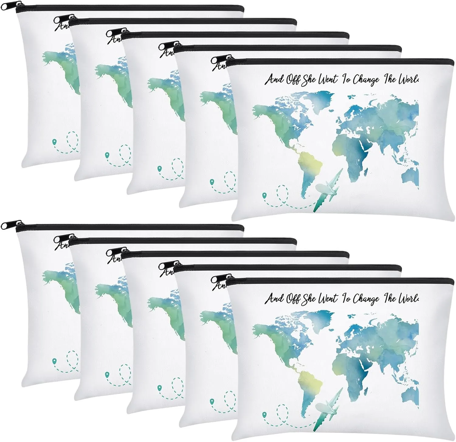 Chunful 10 Pieces Inspirational Canvas Makeup Bags for Women Graduation Gift Rainbow Canvas Cosmetic Bags Bulk with Zipper Friendship Gift Travel Toiletry Pouch(World)