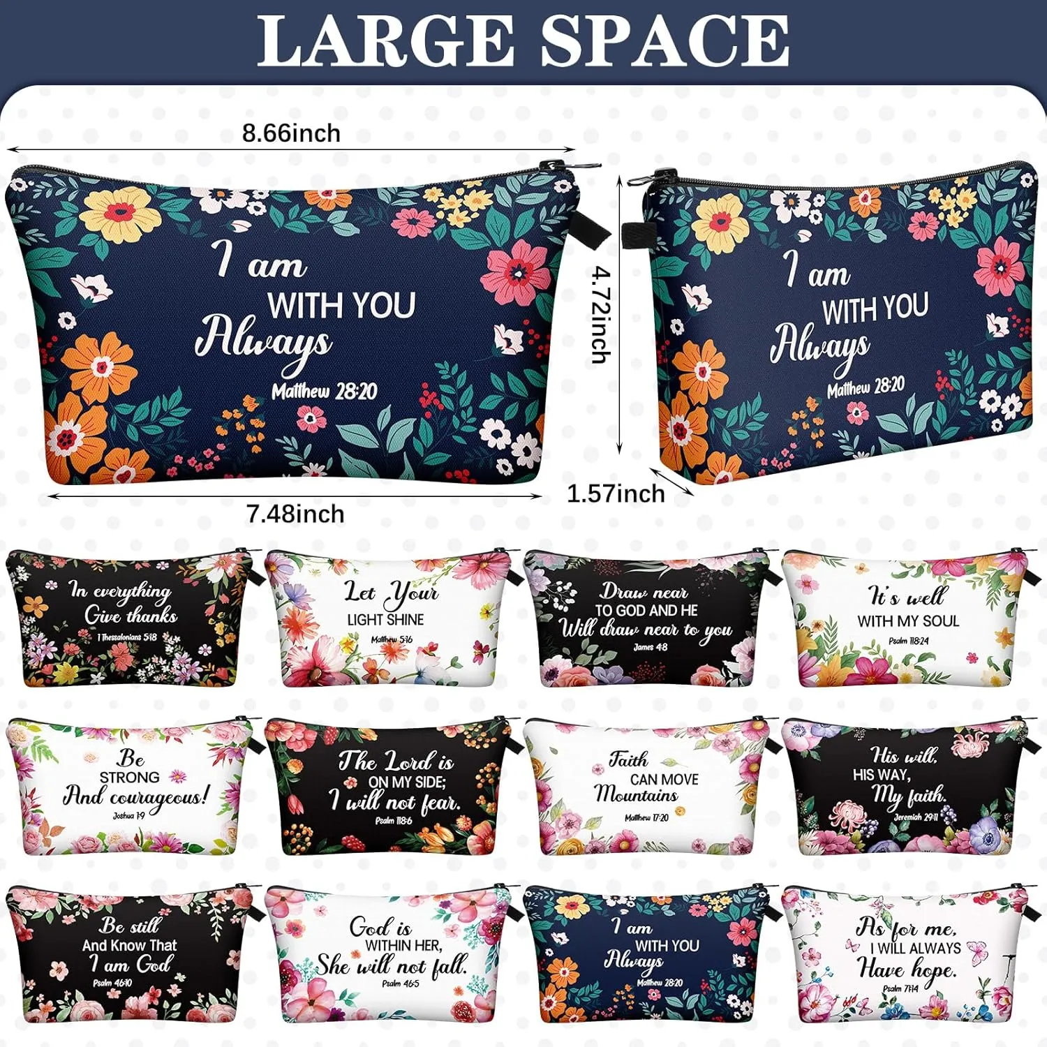 Chunful 12 Pcs Inspirational Christian Gifts Religious Makeup Bags Bulk for Women Bible Verse Flower Cosmetic Bag Mother's Day Gift for Church Ladies Student Office, 7.48 x 4.72 Inch(Elegant)