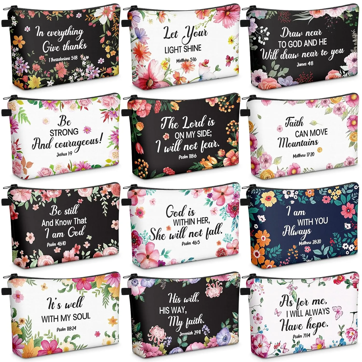 Chunful 12 Pcs Inspirational Christian Gifts Religious Makeup Bags Bulk for Women Bible Verse Flower Cosmetic Bag Mother's Day Gift for Church Ladies Student Office, 7.48 x 4.72 Inch(Elegant)