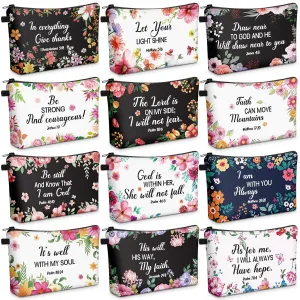 Chunful 12 Pcs Inspirational Christian Gifts Religious Makeup Bags Bulk for Women Bible Verse Flower Cosmetic Bag Mother's Day Gift for Church Ladies Student Office, 7.48 x 4.72 Inch(Elegant)
