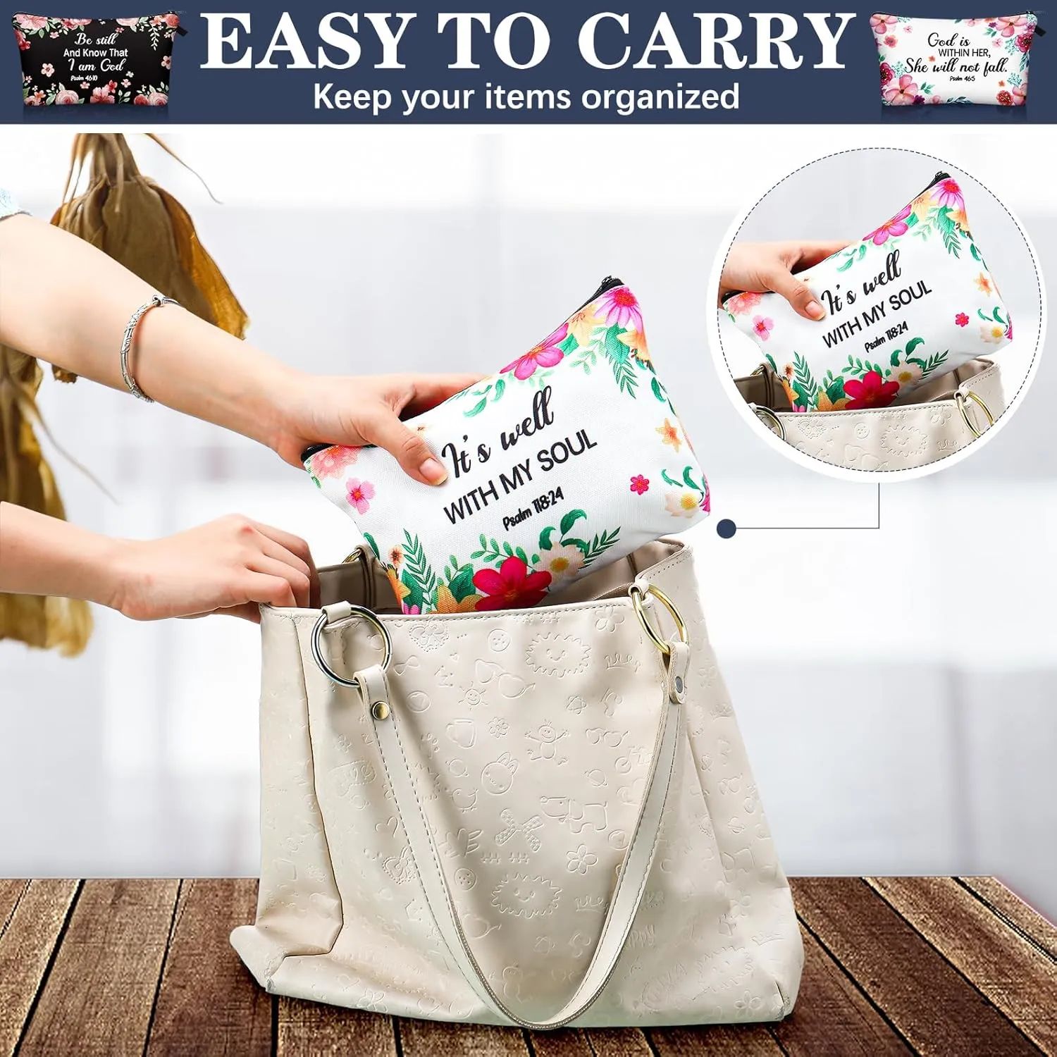 Chunful 12 Pcs Inspirational Christian Gifts Religious Makeup Bags Bulk for Women Bible Verse Flower Cosmetic Bag Mother's Day Gift for Church Ladies Student Office, 7.48 x 4.72 Inch(Elegant)