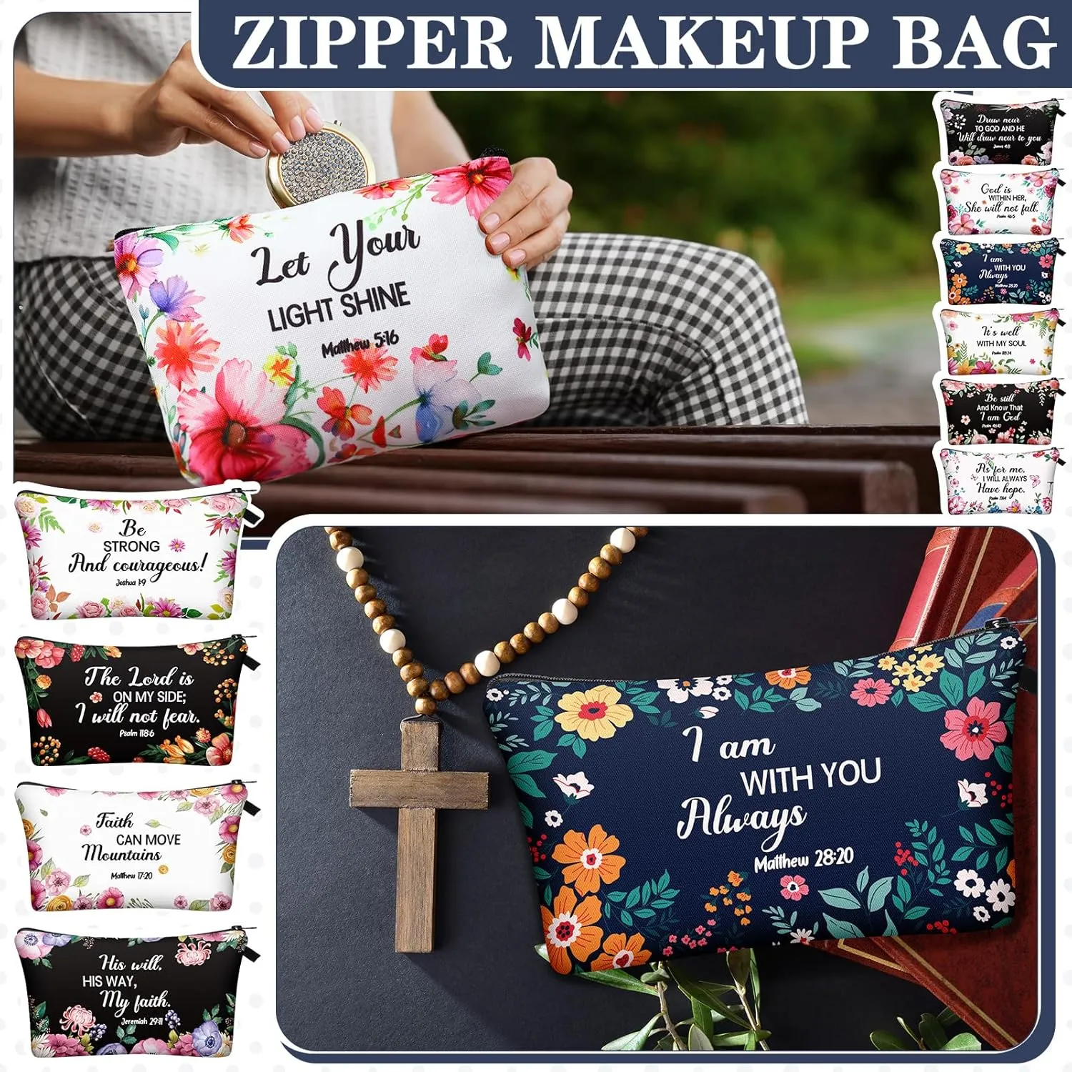 Chunful 12 Pcs Inspirational Christian Gifts Religious Makeup Bags Bulk for Women Bible Verse Flower Cosmetic Bag Mother's Day Gift for Church Ladies Student Office, 7.48 x 4.72 Inch(Elegant)