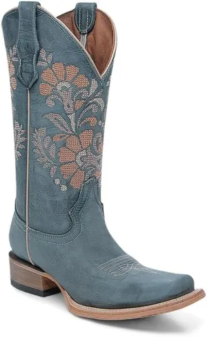 Circle G LADIE'S BLUE FLOWERS EMBROIDERY SQ. TOE, LEATHER SOLE, COWHIDE LEATHER, WESTERN BOOT, L6254