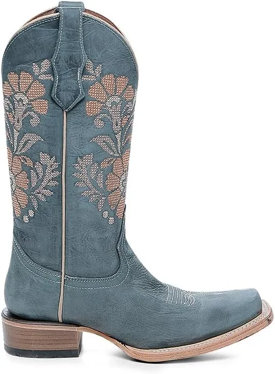 Circle G LADIE'S BLUE FLOWERS EMBROIDERY SQ. TOE, LEATHER SOLE, COWHIDE LEATHER, WESTERN BOOT, L6254