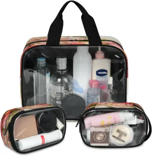 Clear Makeup Bag, 3 Pcs of Translucent Cosmetic Bags Set, Transparent Blooming Rose Floral Castle Travel Makeup Pouch, Waterproof Cute Toiletry Bag for Women (Romantic Flower)