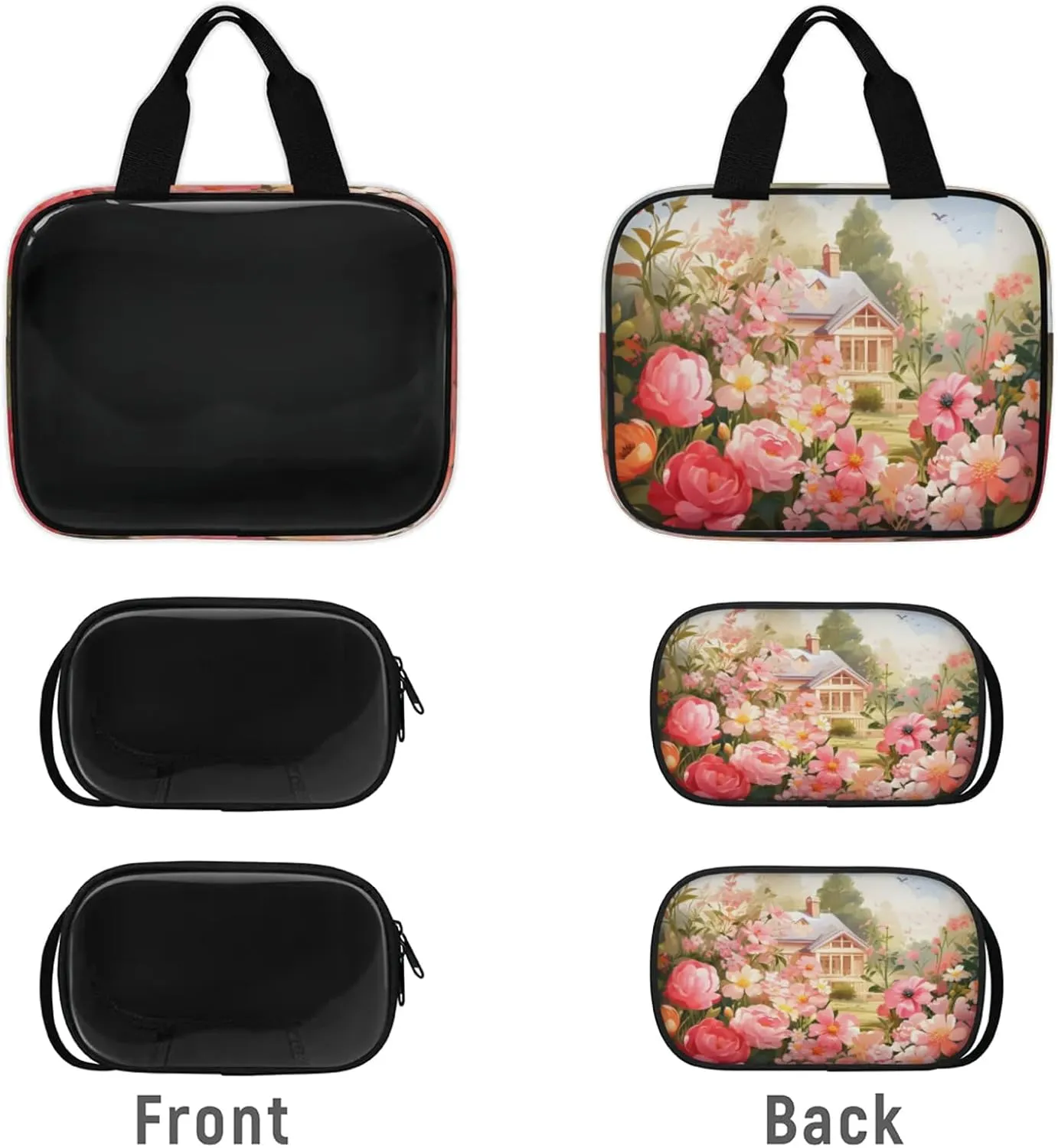 Clear Makeup Bag, 3 Pcs of Translucent Cosmetic Bags Set, Transparent Blooming Rose Floral Castle Travel Makeup Pouch, Waterproof Cute Toiletry Bag for Women (Romantic Flower)