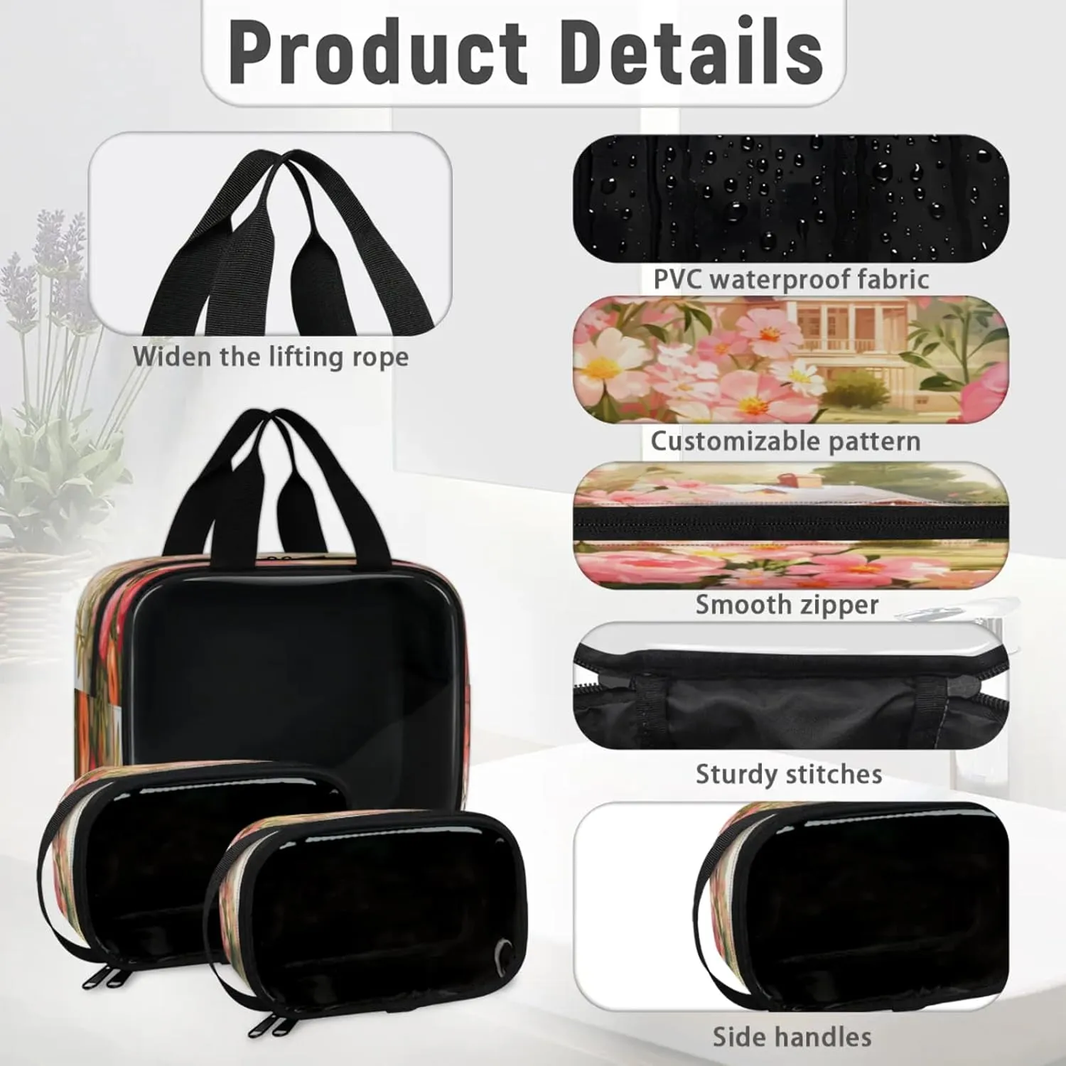Clear Makeup Bag, 3 Pcs of Translucent Cosmetic Bags Set, Transparent Blooming Rose Floral Castle Travel Makeup Pouch, Waterproof Cute Toiletry Bag for Women (Romantic Flower)
