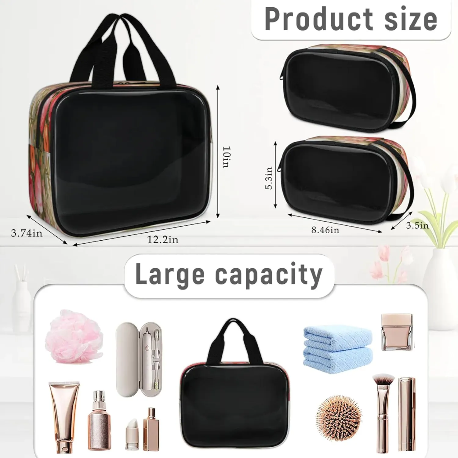 Clear Makeup Bag, 3 Pcs of Translucent Cosmetic Bags Set, Transparent Blooming Rose Floral Castle Travel Makeup Pouch, Waterproof Cute Toiletry Bag for Women (Romantic Flower)