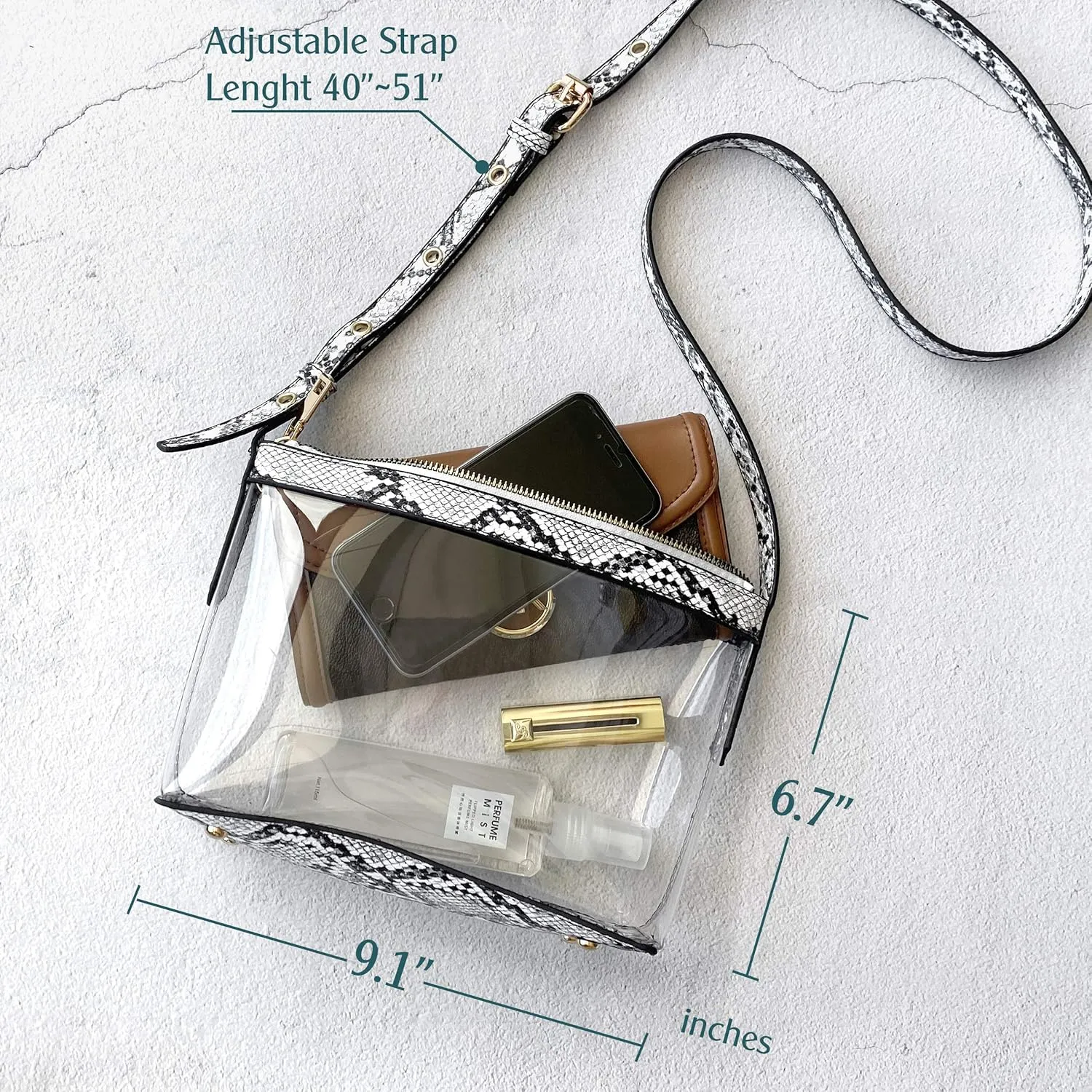 Clear Zipper Cross Body Bag with Vegan Leather Trim