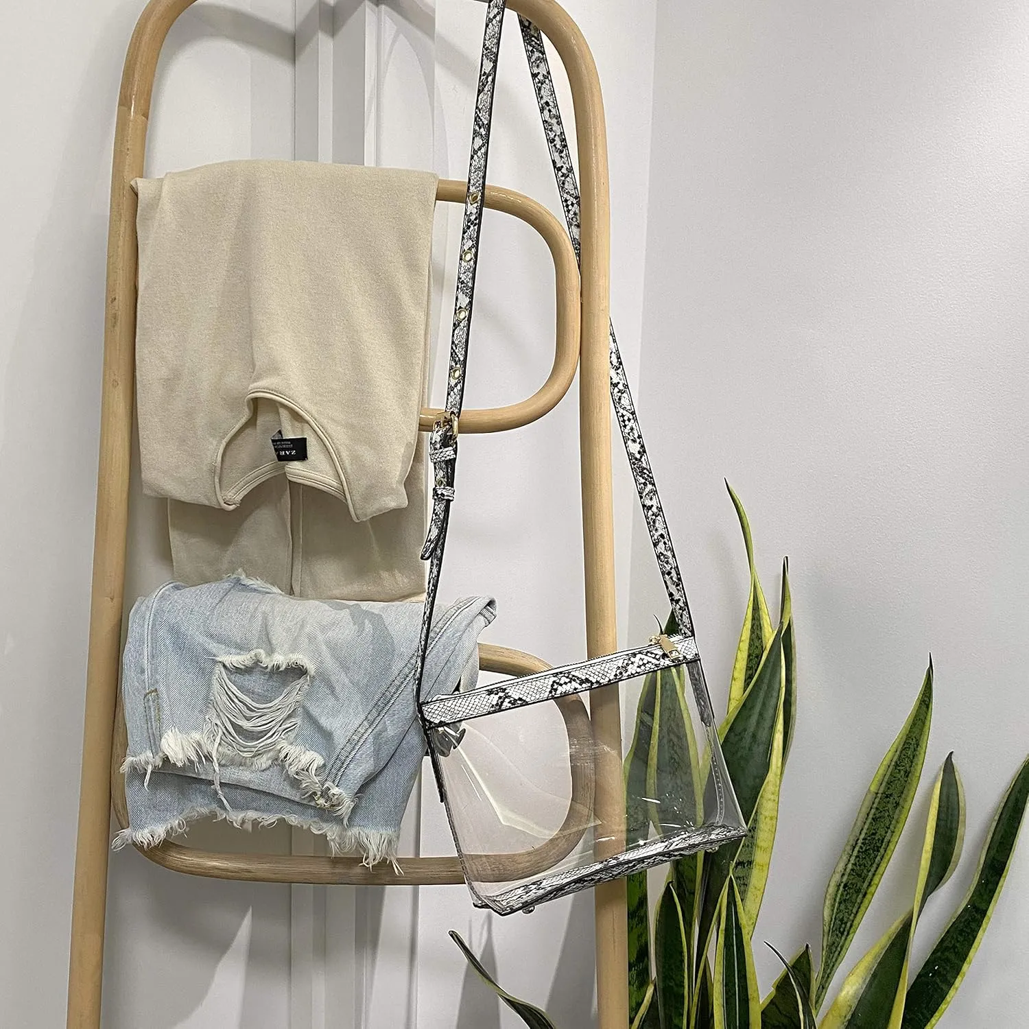 Clear Zipper Cross Body Bag with Vegan Leather Trim