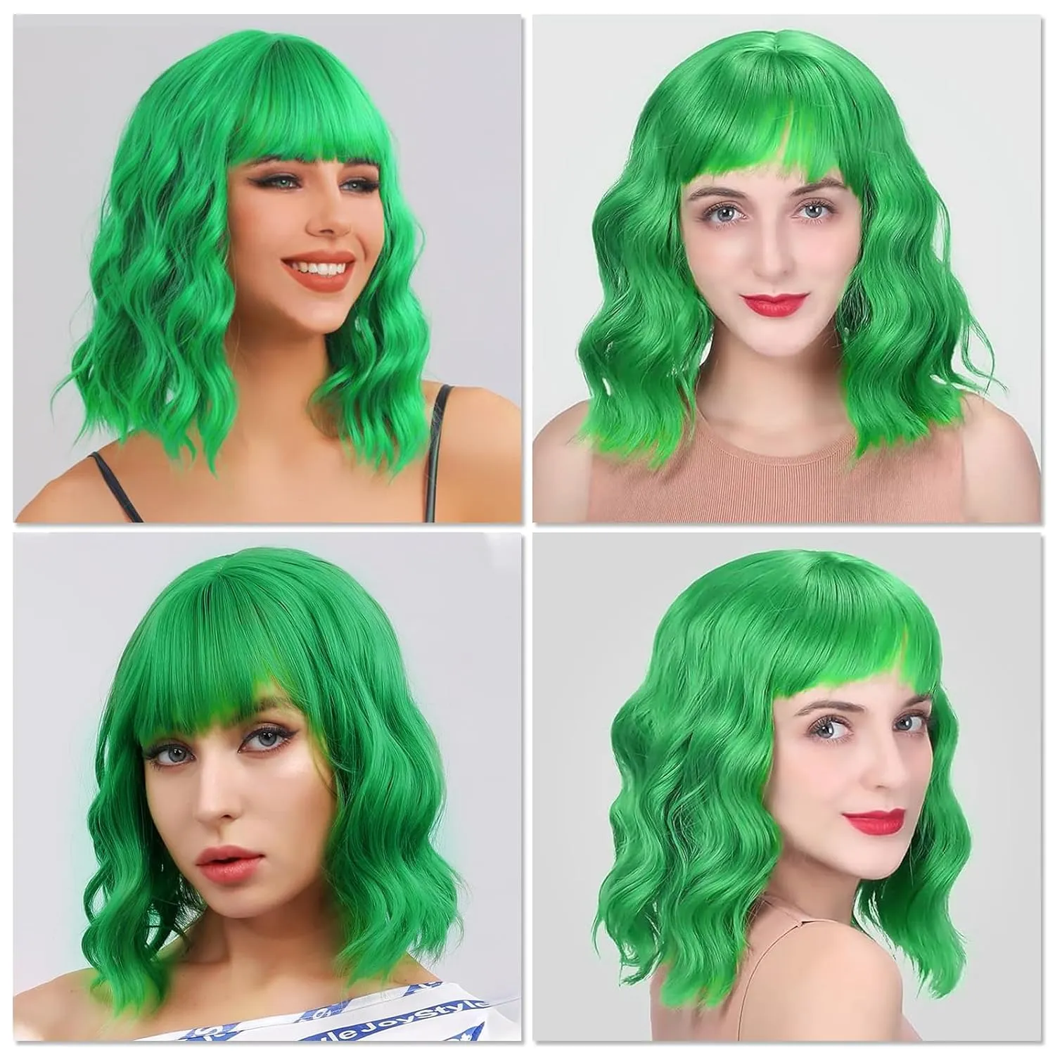 CLIONE Green Bob Wig - Short Curly Wavy Wig with Bangs, Shoulder Length, Synthetic, Cosplay & Party Wigs, 14 inches
