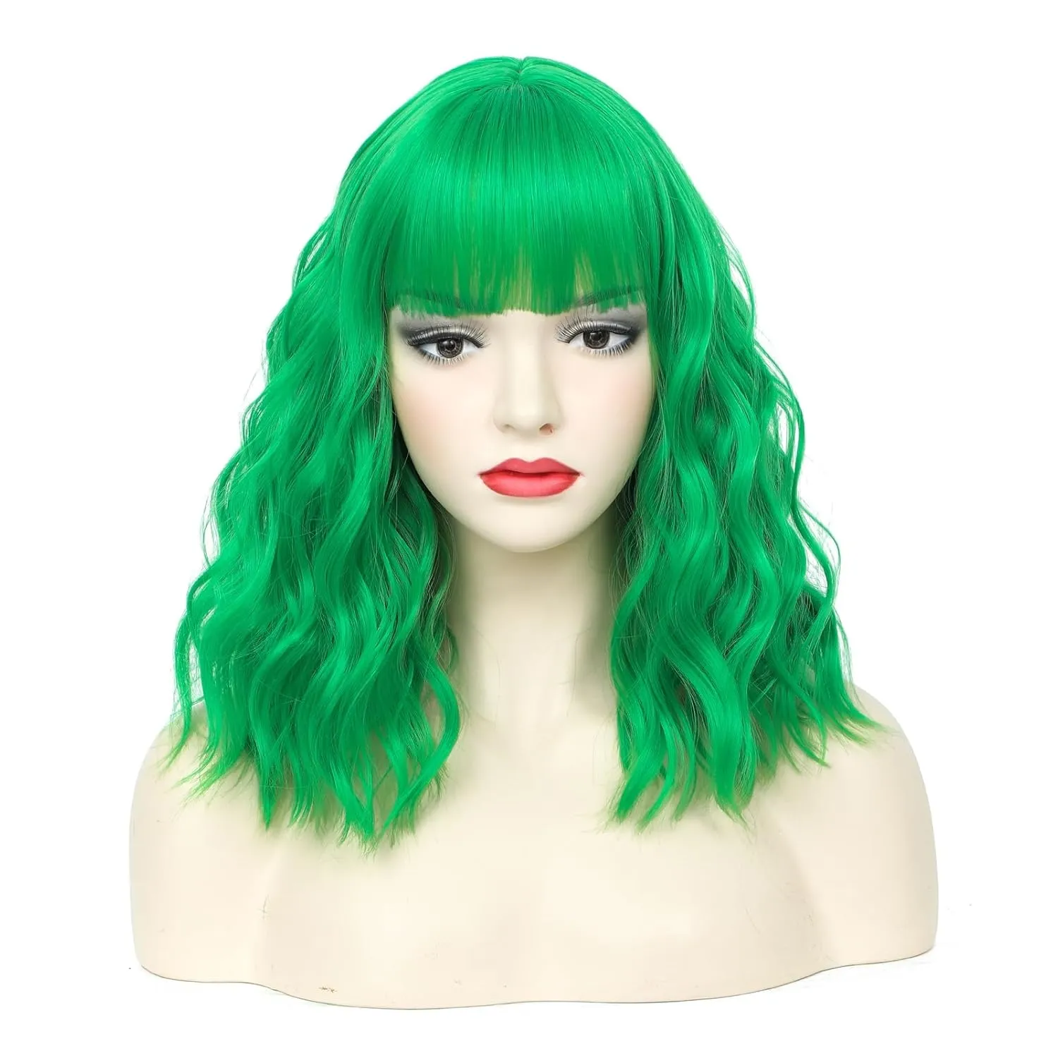 CLIONE Green Bob Wig - Short Curly Wavy Wig with Bangs, Shoulder Length, Synthetic, Cosplay & Party Wigs, 14 inches