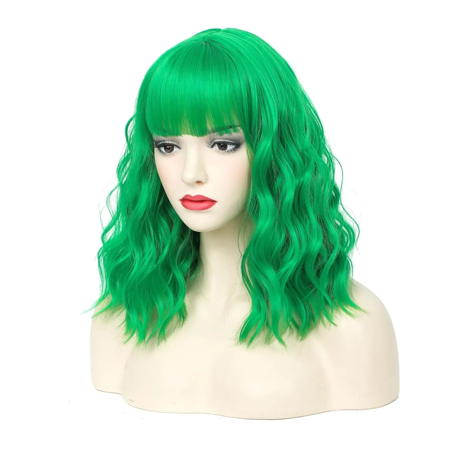 CLIONE Green Bob Wig - Short Curly Wavy Wig with Bangs, Shoulder Length, Synthetic, Cosplay & Party Wigs, 14 inches
