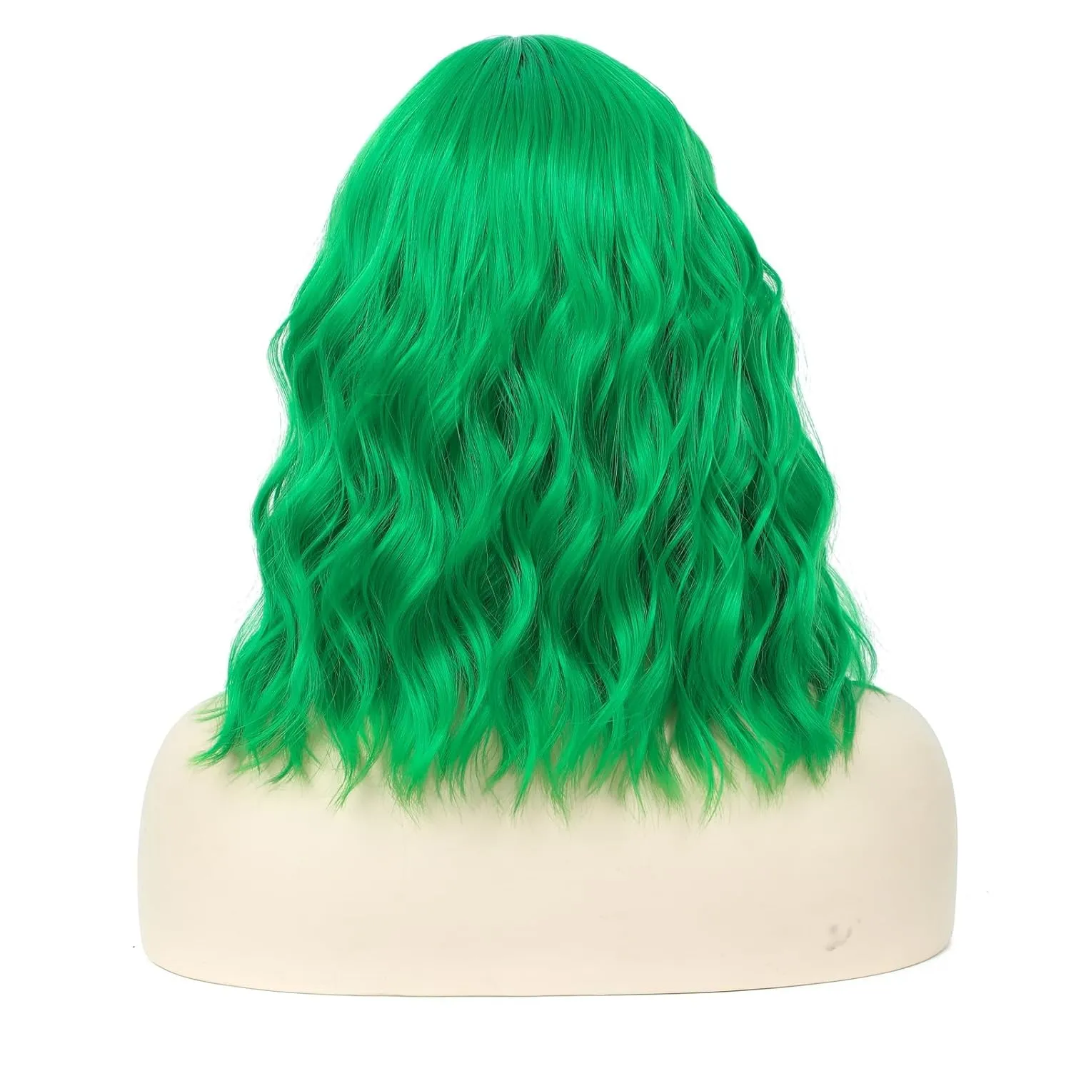 CLIONE Green Bob Wig - Short Curly Wavy Wig with Bangs, Shoulder Length, Synthetic, Cosplay & Party Wigs, 14 inches