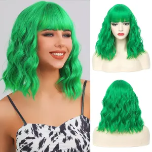 CLIONE Green Bob Wig - Short Curly Wavy Wig with Bangs, Shoulder Length, Synthetic, Cosplay & Party Wigs, 14 inches