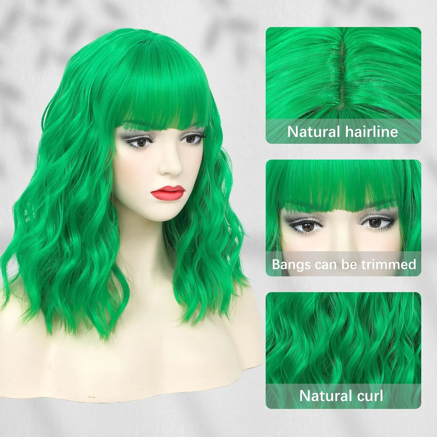 CLIONE Green Bob Wig - Short Curly Wavy Wig with Bangs, Shoulder Length, Synthetic, Cosplay & Party Wigs, 14 inches