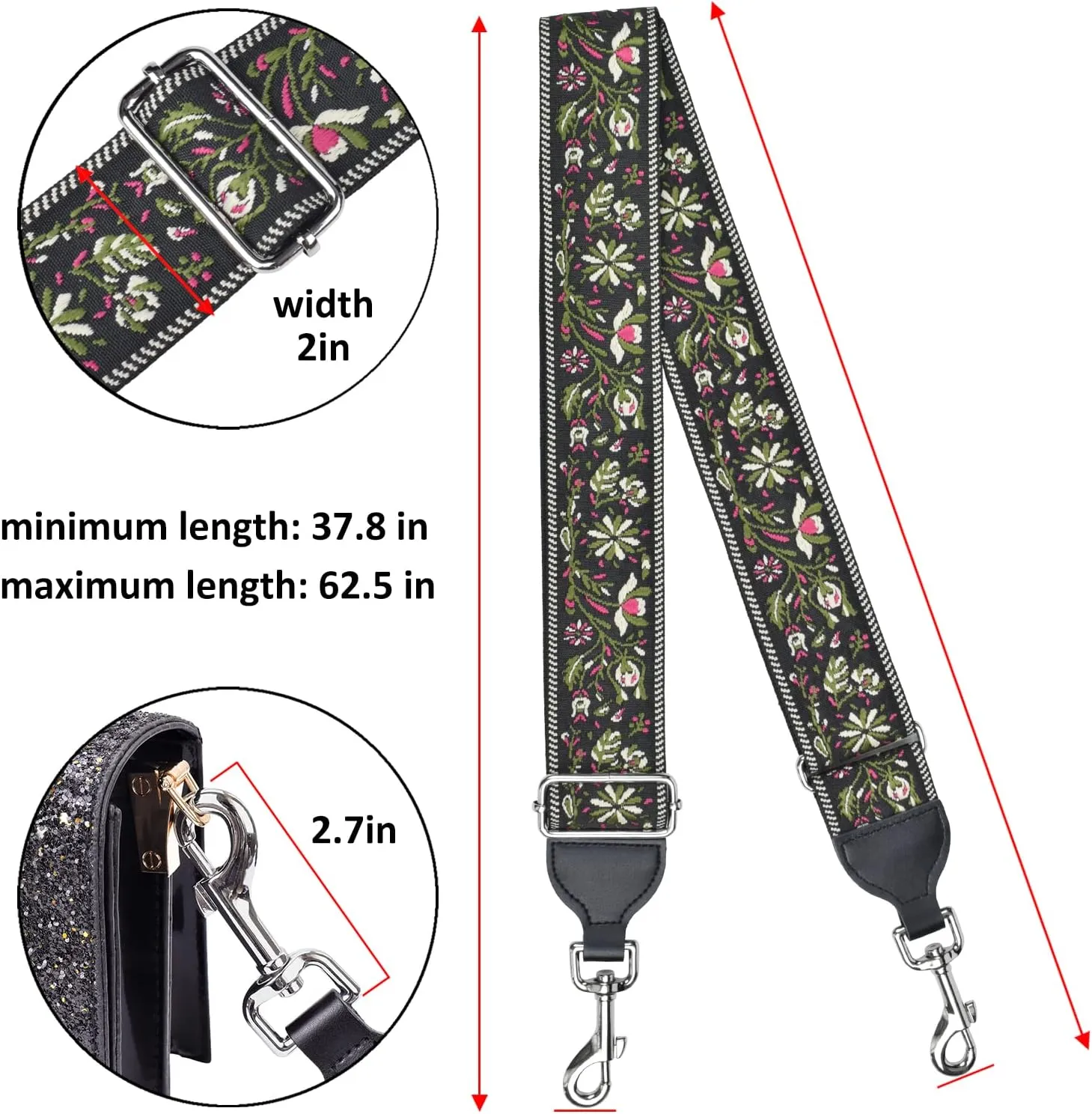 CLOUDMUSIC Handbag Strap Replacement Crossbody Strap Purse Strap With Silver Clips For Women Girls