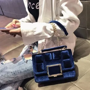 CM-BG113064 Women Casual Metal Patchwork Velvet Chain Square Shoulder Bag - Blue