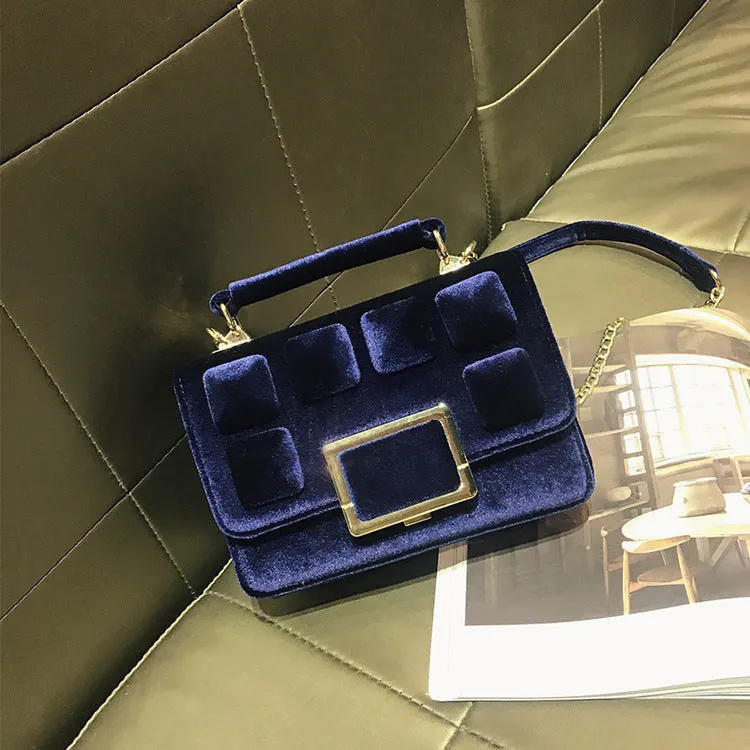 CM-BG113064 Women Casual Metal Patchwork Velvet Chain Square Shoulder Bag - Blue
