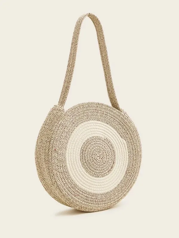 CM-BGS203575 Women Trendy Bohemian Style Two Tone Round Woven Tote Bag - Beige