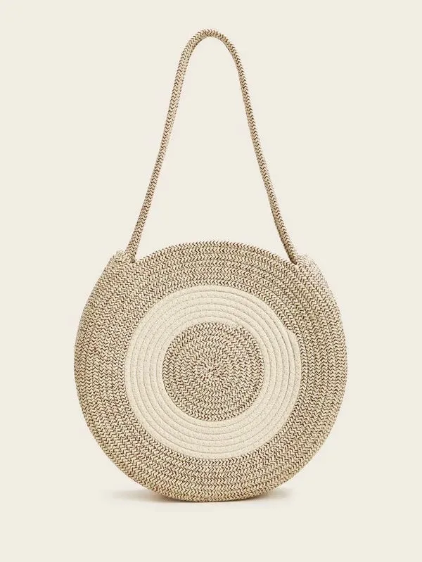 CM-BGS203575 Women Trendy Bohemian Style Two Tone Round Woven Tote Bag - Beige