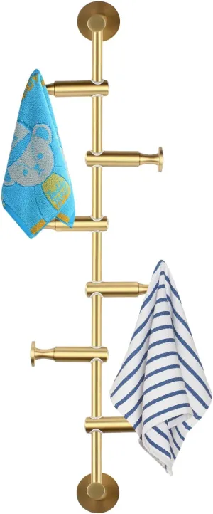 Coat Rack Vertical Wall Mount, Modern Wall Mount Coat Rack with 6 Hook Vintage Gold Tone Metal Hat and Coat Hanger Tree for Scarves Clothes Handbags Purses Hat, Space Saving Hanger