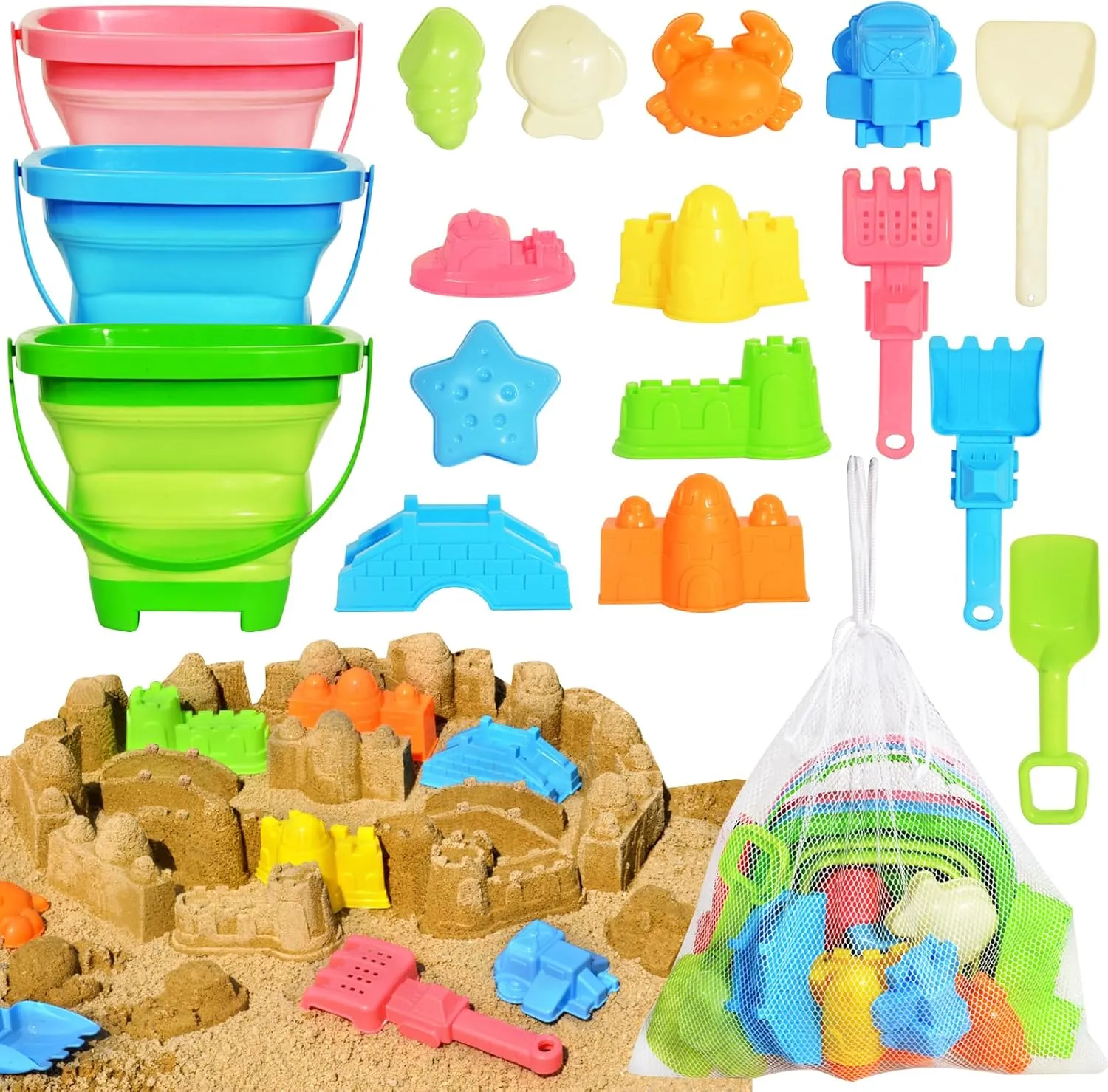 Collapsible Beach Sand Toys for Kids Toddlers,Travel Beach Toys with 3 Collapsible Sand Buckets,Shovels,Mesh Bags,Sand Molds,Castle Toys for Beach, Age 18  Month