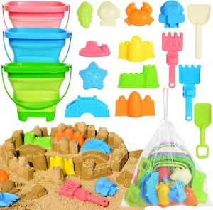 Collapsible Beach Sand Toys for Kids Toddlers,Travel Beach Toys with 3 Collapsible Sand Buckets,Shovels,Mesh Bags,Sand Molds,Castle Toys for Beach, Age 18  Month
