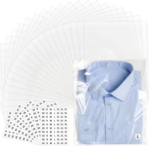 Coloch 200 Pieces 12 x 14 Inches Clear Cellophane Plastic Bags, Resealable Self-Adhesive Cloth Packaging Bags with Clothing Size Stickers, Large Apparel Bag for T-shirts, Jeans, Pants, Gift Wrapping