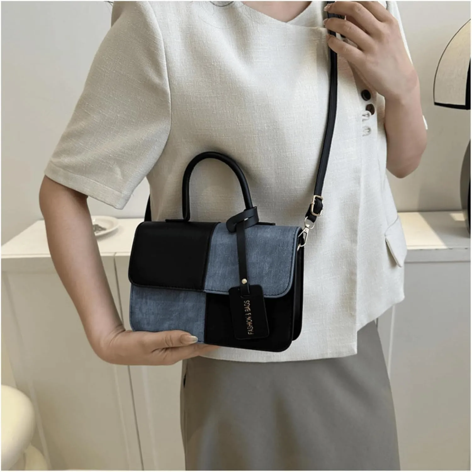 Color-Block Crossbody Bags for Women, Pu Cross Body Purses Cute Designer Handbags Shoulder Bag Medium Size