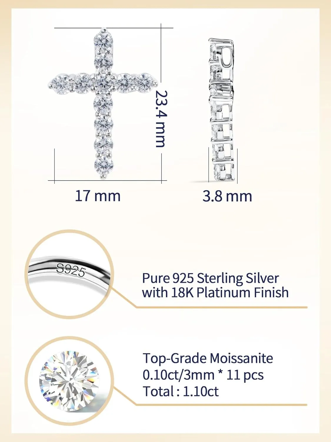 Color-D VVS1 Clarity 1.10/3.30 Carat Moissanite Cross Pendant Necklace for Women Men, Solid 925 Sterling Silver Chain Pendant, 16"/18"/20" Adjustable, Wedding Anniversary Christmas Jewelry