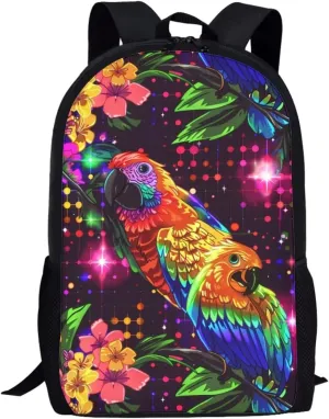Colorful Floral Parrot Print Vibrant Animal Pattern Student Backpack 17 Inch Bag for Teens，Perfect for Sports & Campus Life