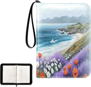 Colorful Flower Field Sea Beach Card Binder 4 Pocket, Trading Card Holder Fits 400 Game Cards with 50 Removable Sleeves, MTG Card Case Standard Size