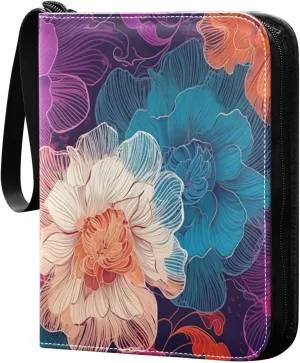 Colorful Line Flower Card Binder 4-Pocket Leather Cover 400 Pockets Card Album Holder Removable Display Storage for Trading Cards, Game Cards, Collectibles