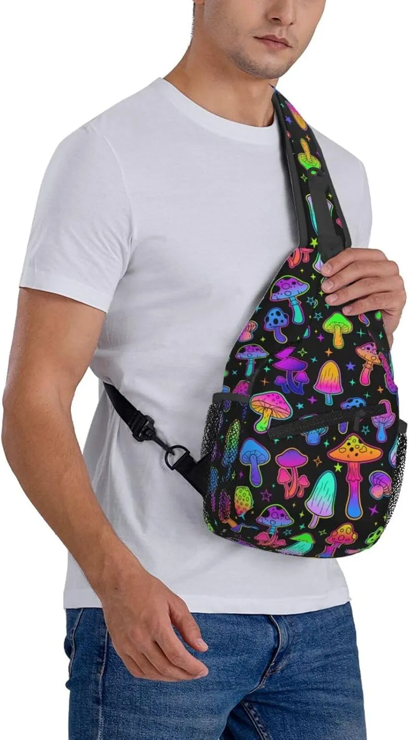 Colorful Neon Mushroom Pattern Outdoor Crossbody Shoulder Bag For Unisex Young Adult Hiking Bicycling