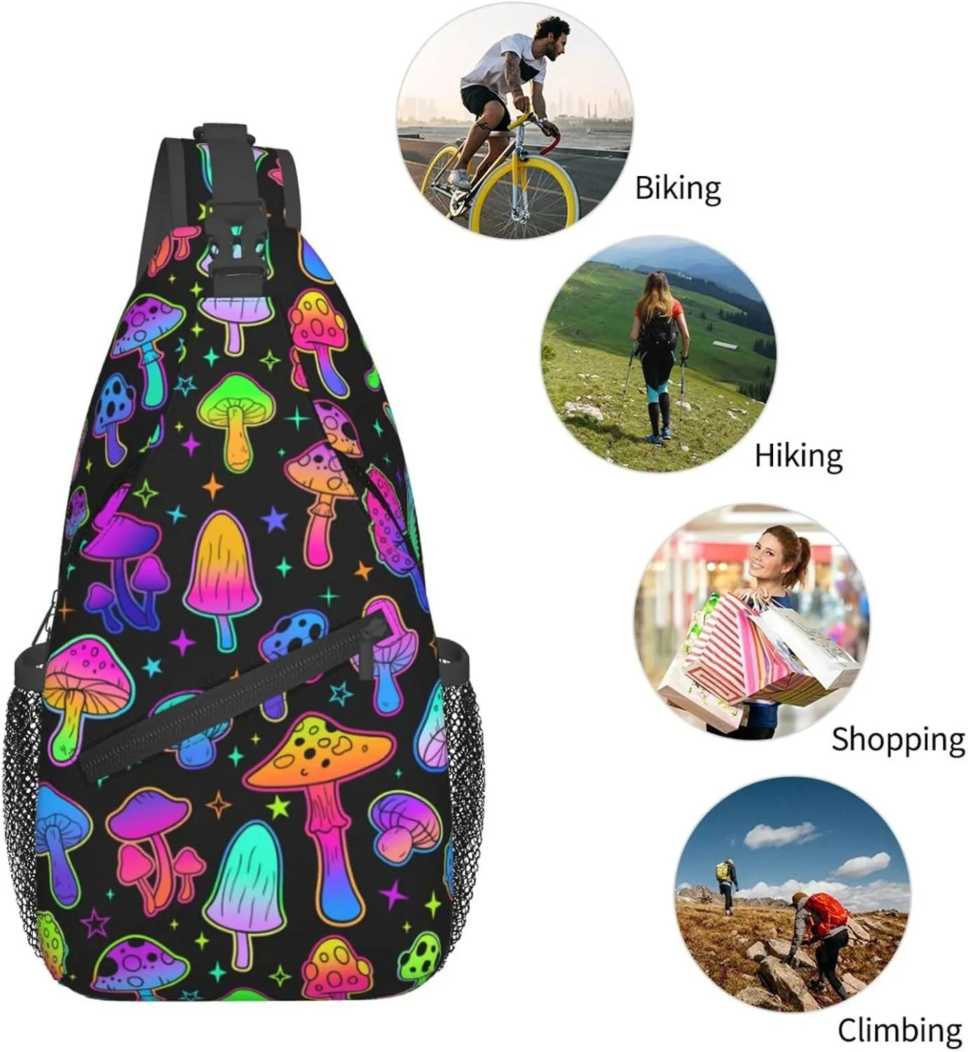 Colorful Neon Mushroom Pattern Outdoor Crossbody Shoulder Bag For Unisex Young Adult Hiking Bicycling