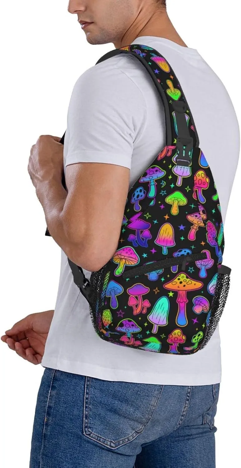 Colorful Neon Mushroom Pattern Outdoor Crossbody Shoulder Bag For Unisex Young Adult Hiking Bicycling