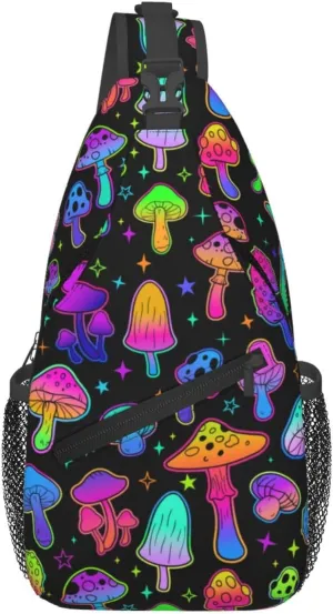 Colorful Neon Mushroom Pattern Outdoor Crossbody Shoulder Bag For Unisex Young Adult Hiking Bicycling