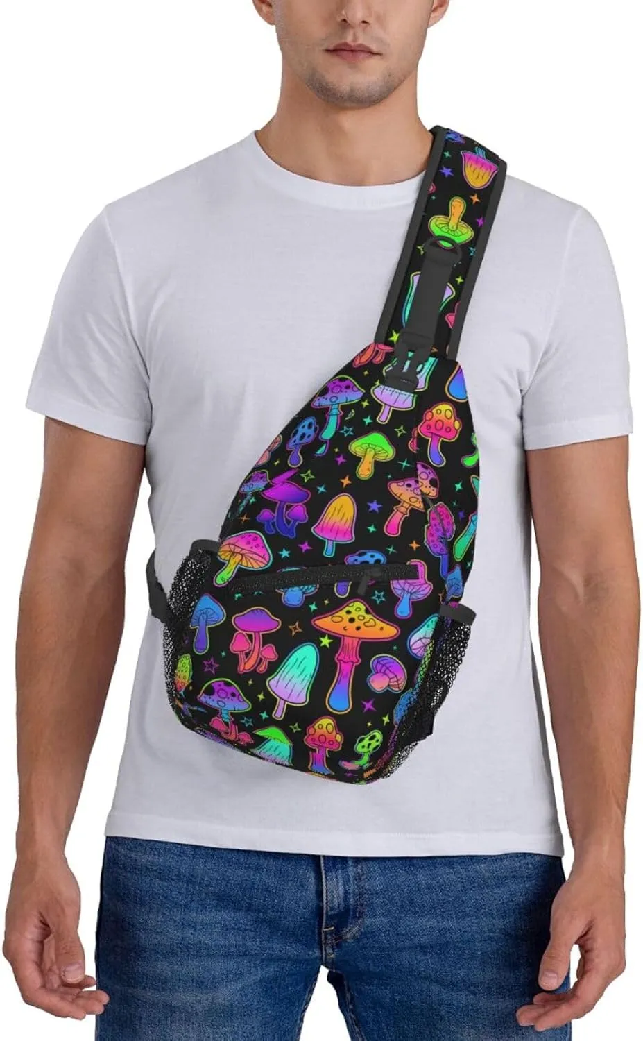 Colorful Neon Mushroom Pattern Outdoor Crossbody Shoulder Bag For Unisex Young Adult Hiking Bicycling