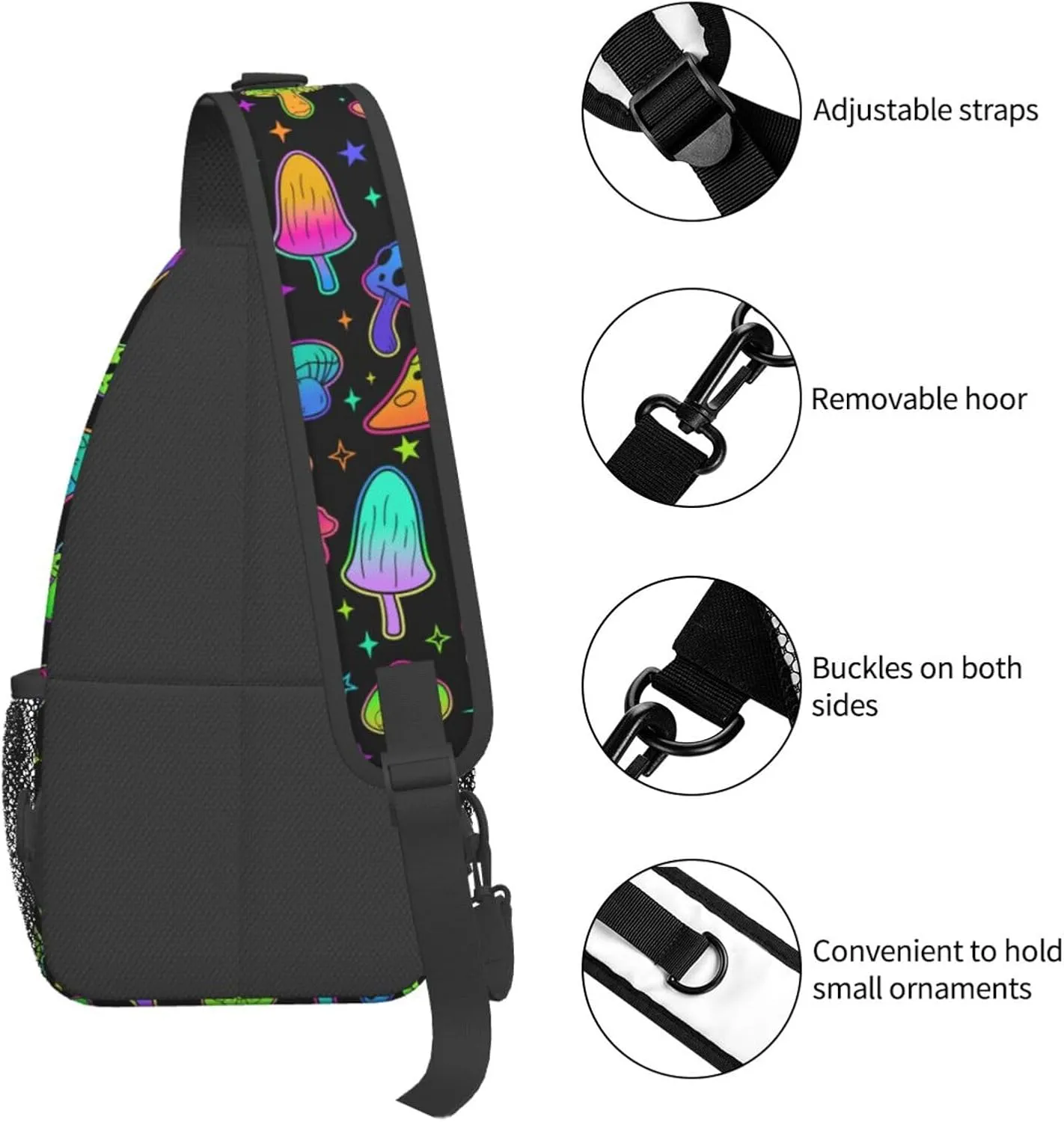 Colorful Neon Mushroom Pattern Outdoor Crossbody Shoulder Bag For Unisex Young Adult Hiking Bicycling