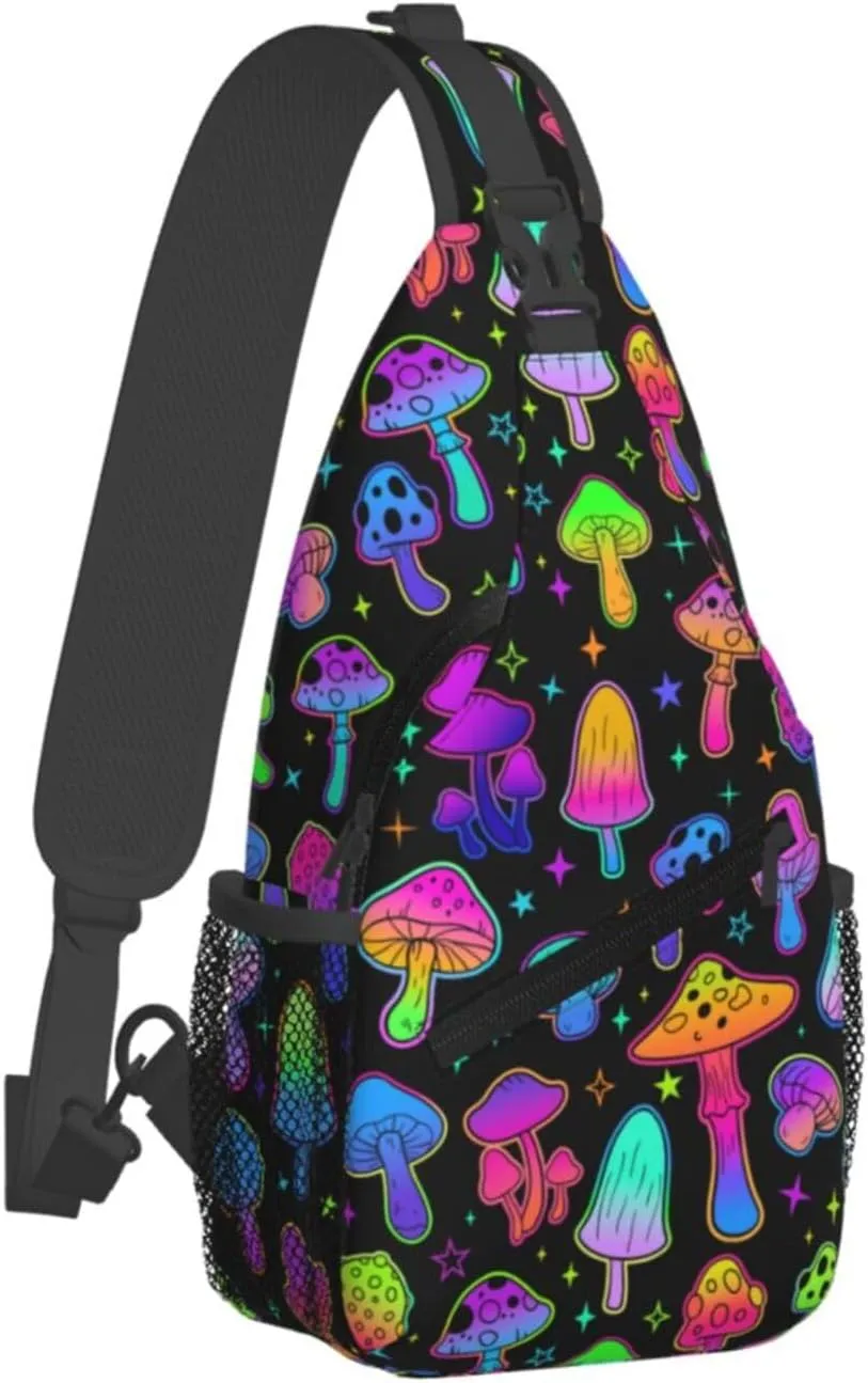 Colorful Neon Mushroom Pattern Outdoor Crossbody Shoulder Bag For Unisex Young Adult Hiking Bicycling