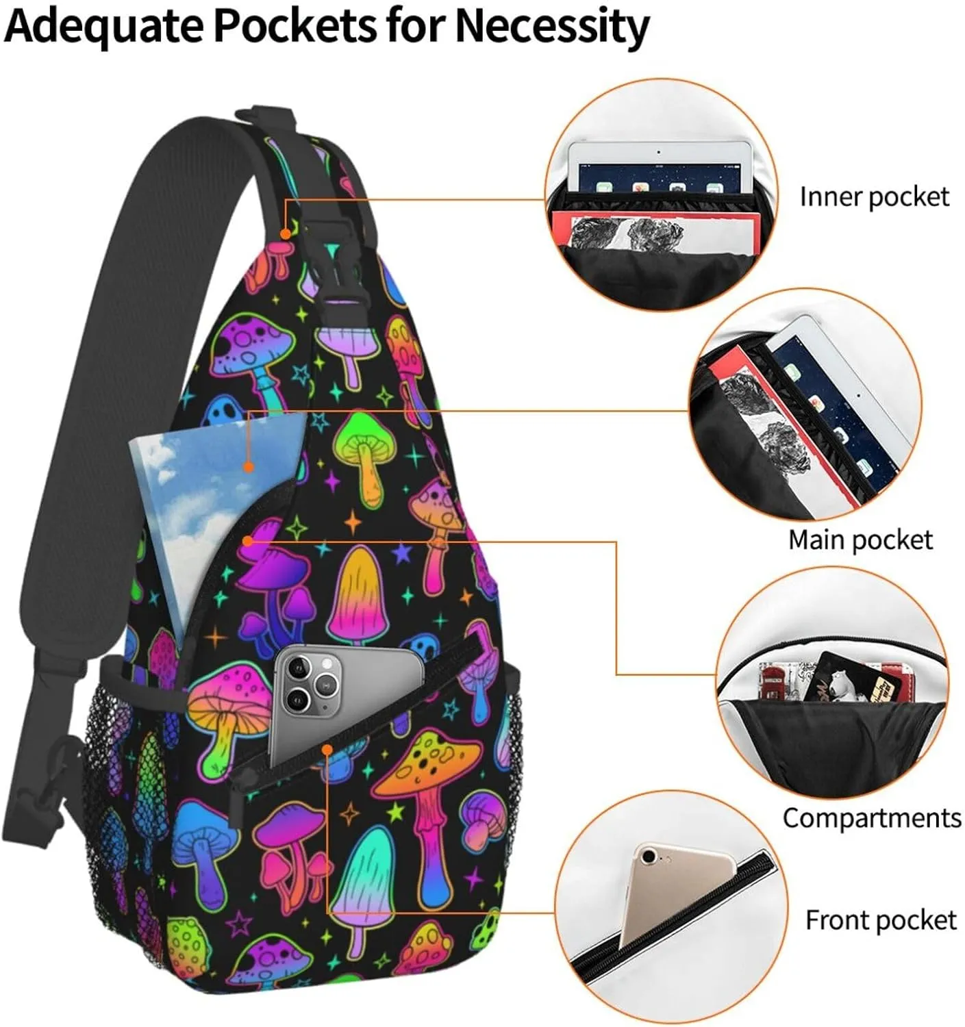 Colorful Neon Mushroom Pattern Outdoor Crossbody Shoulder Bag For Unisex Young Adult Hiking Bicycling