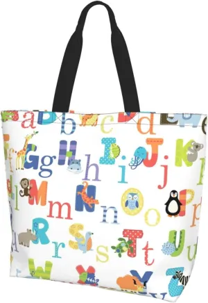 Colourful Animal Alphabet print Shoulder Handbag, Women Tote Purse, Large Capacity Shopping Bag, Top Handle Bag