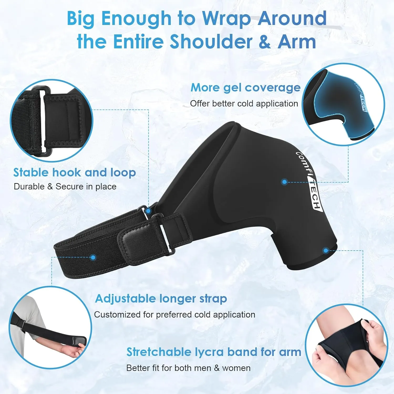 Comfitech Shoulder Ice Pack Wrap Sleeve for Better Putting On & Off, Reusable Gel Cold Pad for Arm, Medium, Black