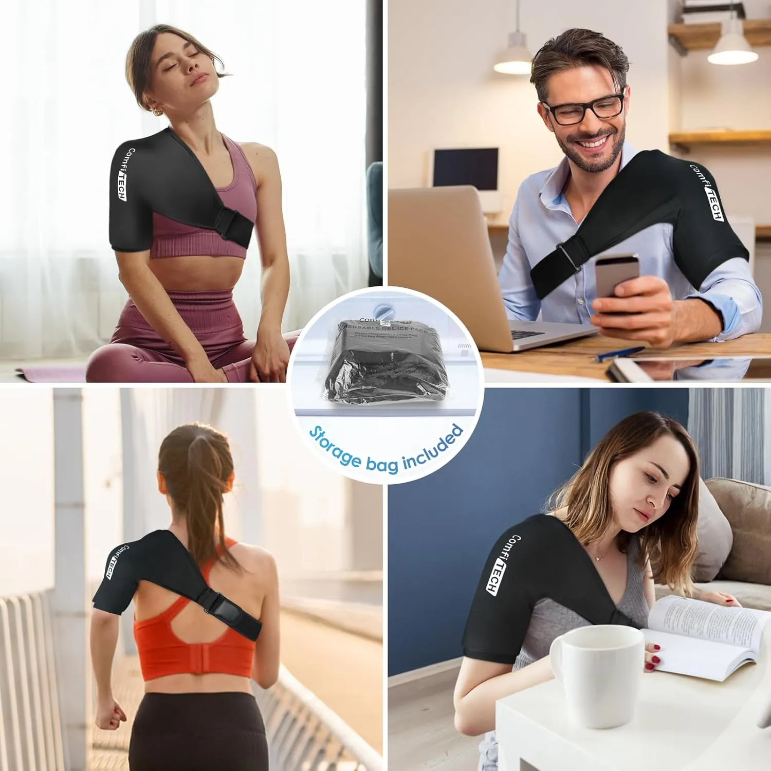 Comfitech Shoulder Ice Pack Wrap Sleeve for Better Putting On & Off, Reusable Gel Cold Pad for Arm, Medium, Black