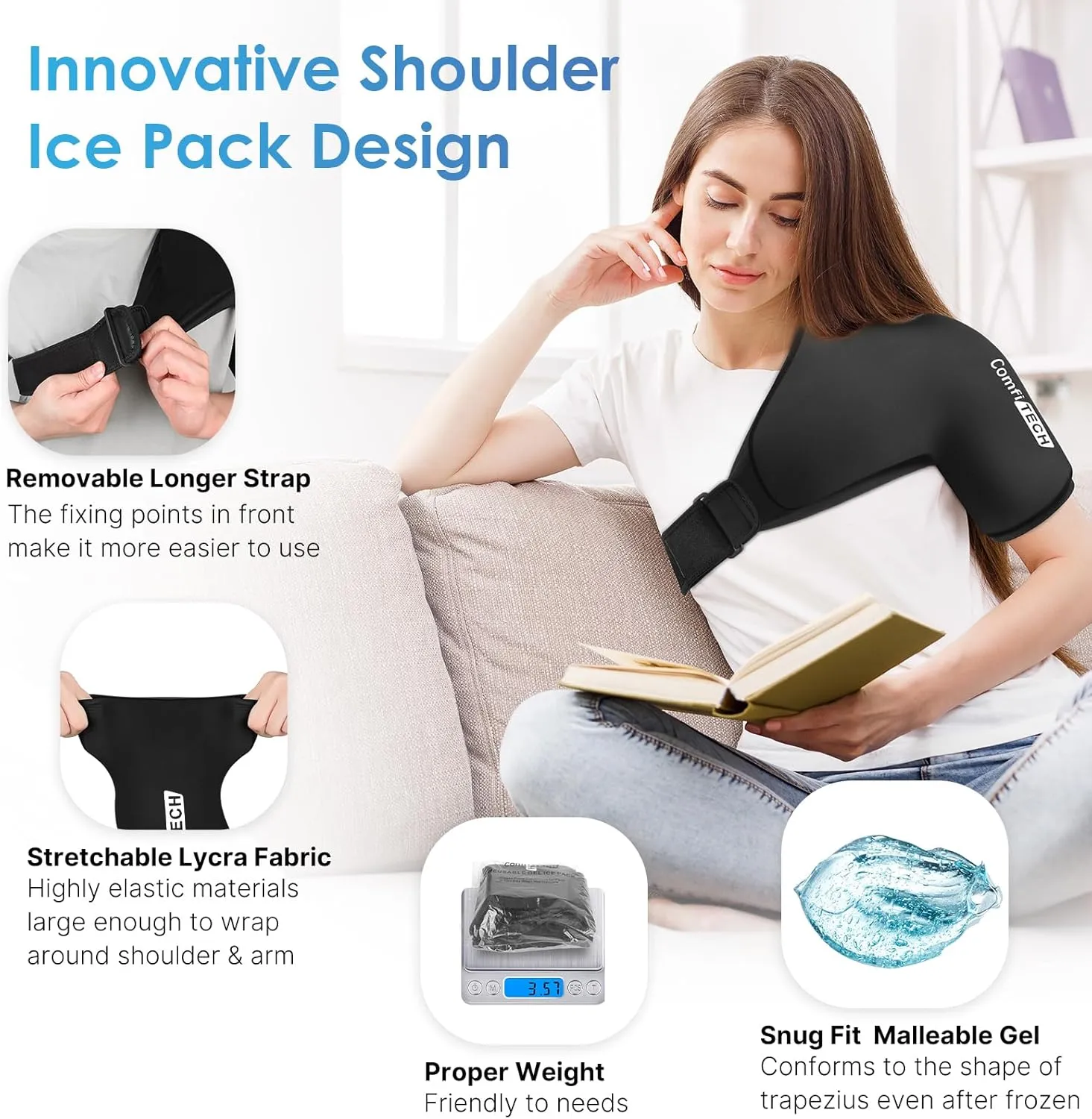 Comfitech Shoulder Ice Pack Wrap Sleeve for Better Putting On & Off, Reusable Gel Cold Pad for Arm, Medium, Black