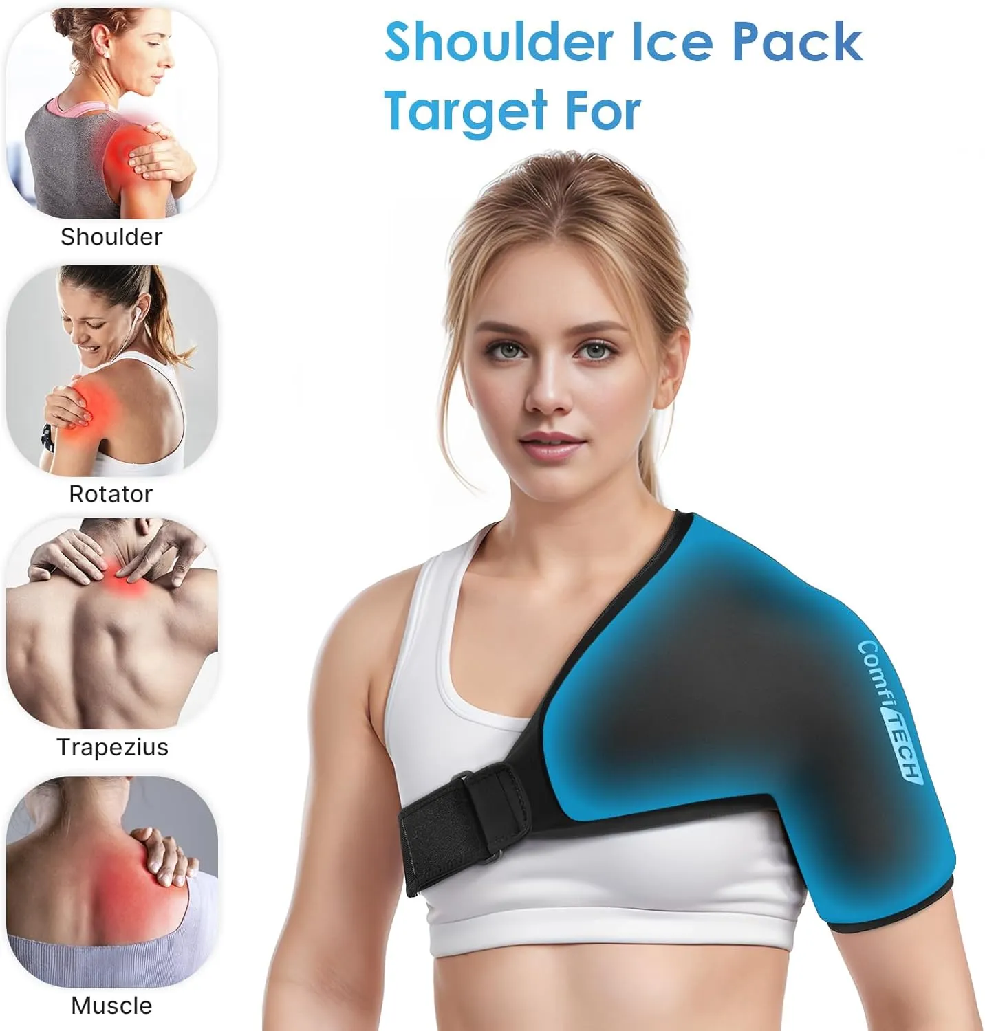 Comfitech Shoulder Ice Pack Wrap Sleeve for Better Putting On & Off, Reusable Gel Cold Pad for Arm, Medium, Black