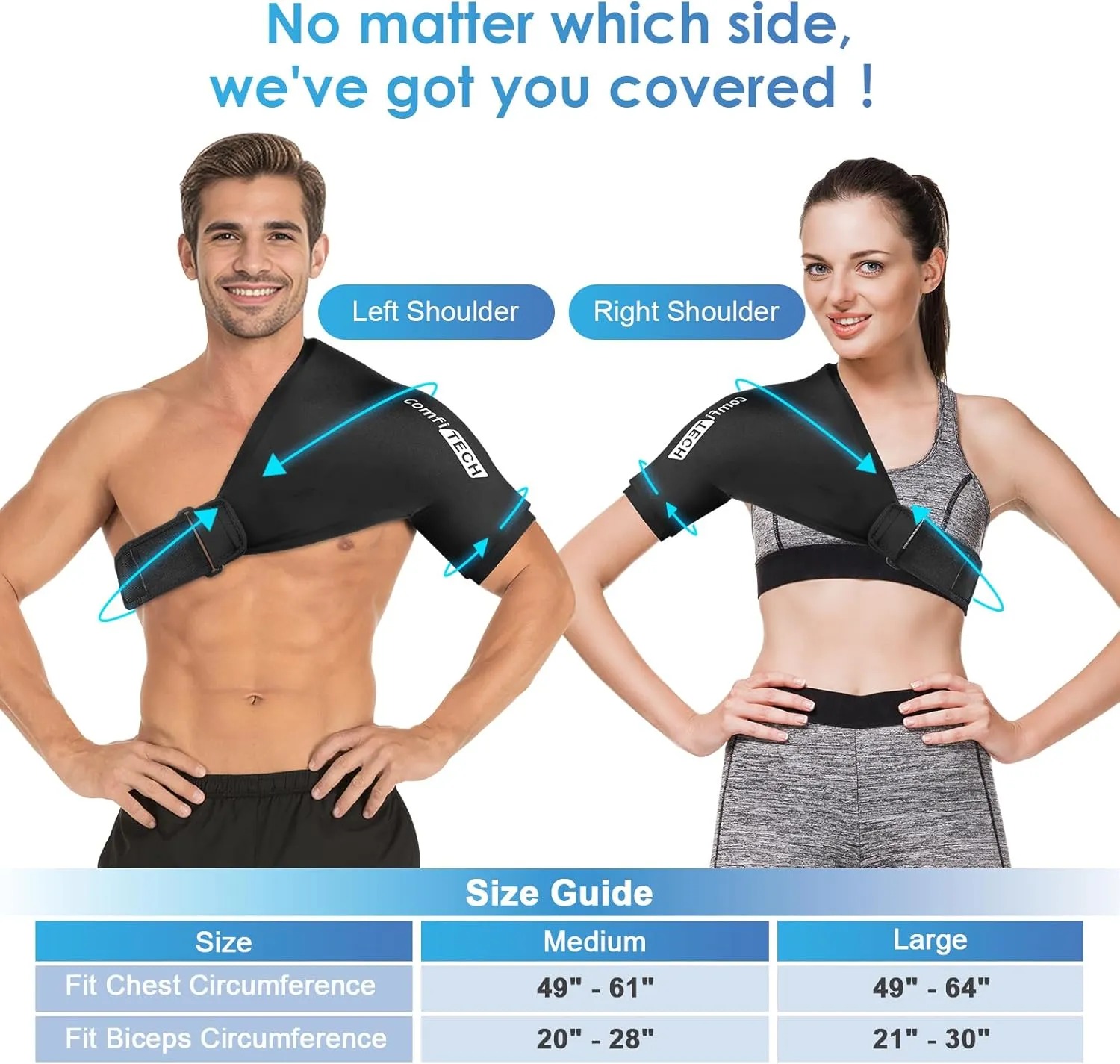 Comfitech Shoulder Ice Pack Wrap Sleeve for Better Putting On & Off, Reusable Gel Cold Pad for Arm, Medium, Black